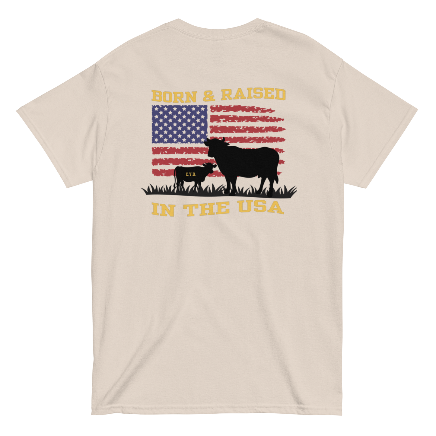 Bean Family Farm Logo / Born & Raised USA - Adult T Shirt