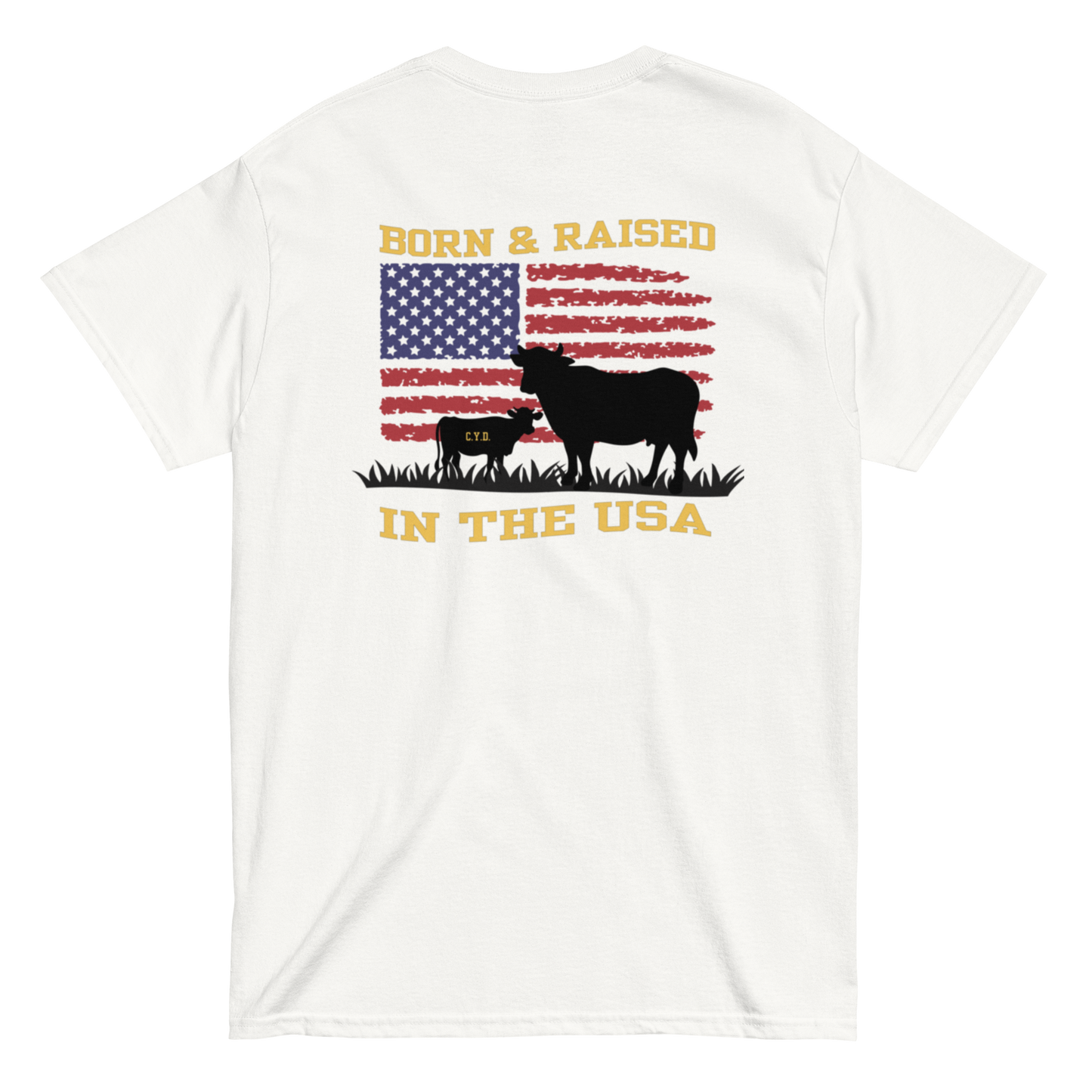 Bean Family Farm Logo / Born & Raised USA - Adult T Shirt